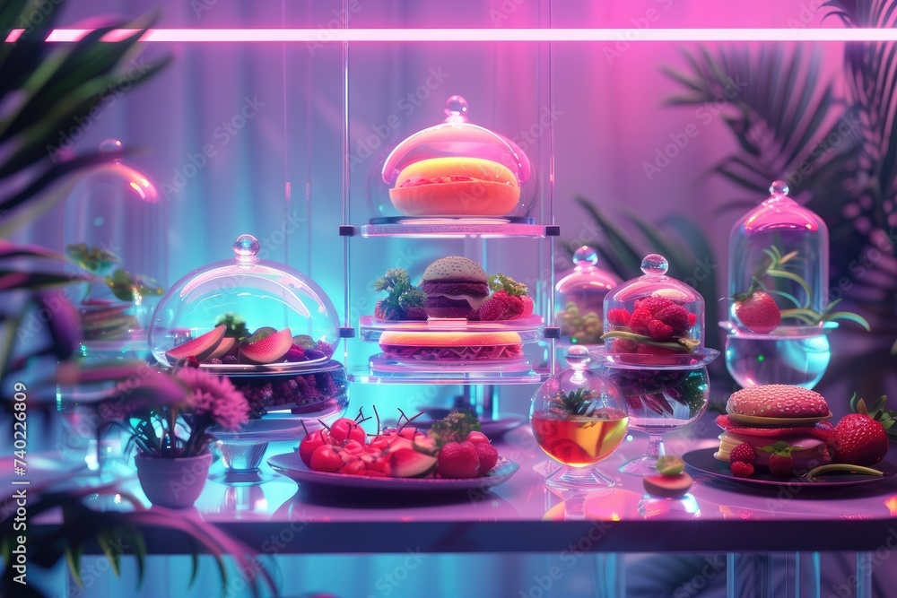Futuristic feast with floating foods in 0 gravity room