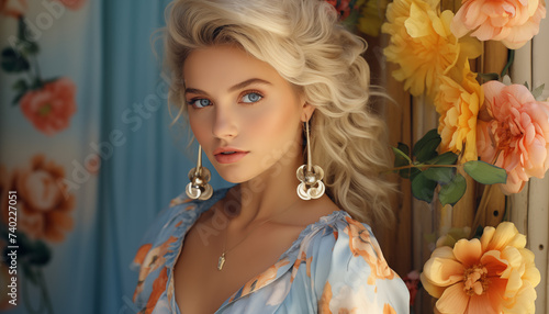 portrait of a blonde girl against a background of flowers in pastel colors