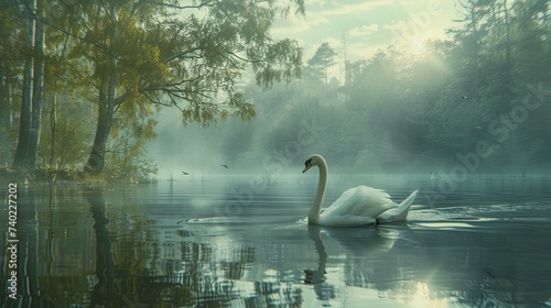 Graceful swan glides serenely across a tranquil lake.