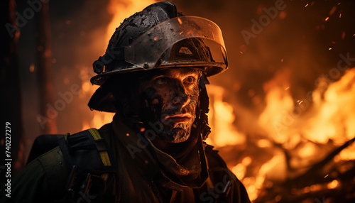portrait of a rescuer against the background of a fire