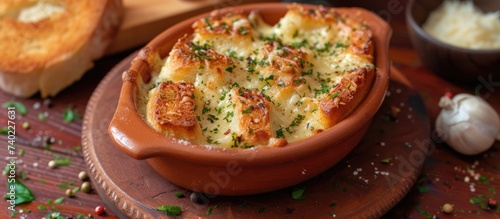 A mouthwatering dish of garlic bread served on a wooden table, a dream come true for garlic lovers.