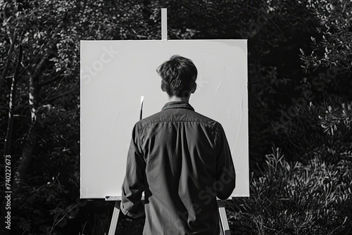 Hopeful artist holding a brush in front of a blank canvas