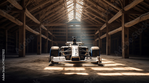 Racing car inside a wooden barn on a sunny day