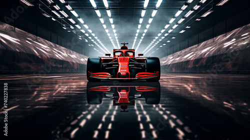 Racing car in a futuristic garage