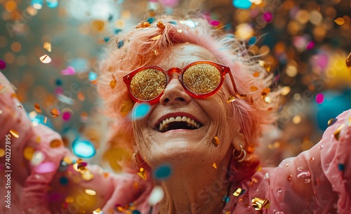 A vibrant woman with pink hair and sunglasses adorned with confetti embraces the playful spirit of a festival, showcasing her unique fashion sense and exuding a sense of joy and individuality