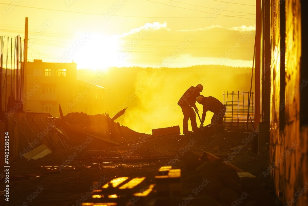 Fototapeta premium Construction workers at sunset