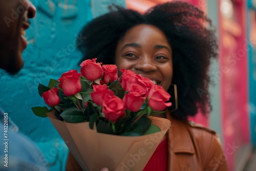 A joyful woman proudly holds a vibrant bouquet of red and pink roses, showcasing her love for the art of floral design and the beauty of nature