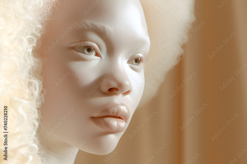 Albino girl with striking curly hair and calm look against beige textured background. Albinism Awareness Day. Serene albino child in a warm, natural light setting. Soft portrait of a young albino Albino girl with striking curly hair and calm look against beige textured background. Albinism Awareness Day. Serene albino child in a warm, natural light setting. Soft portrait of a young albino