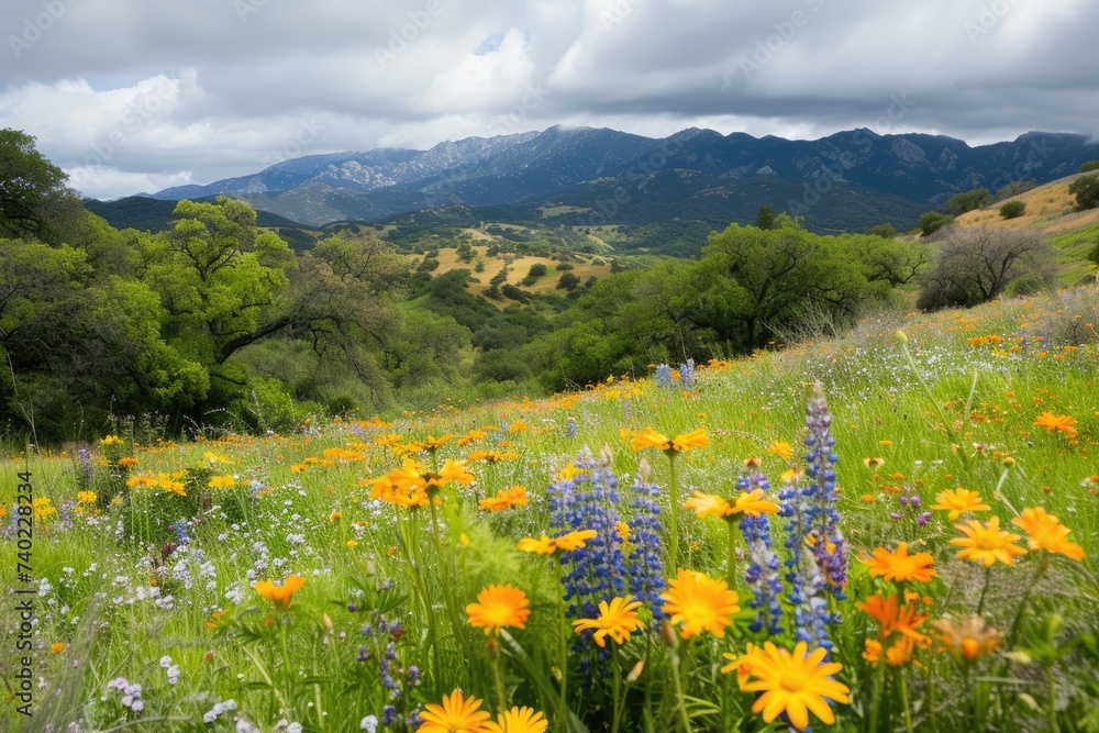 Lush valley filled with varieties of wildflowers.