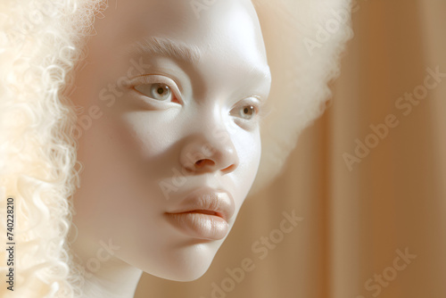 Albino girl with striking curly hair and calm look against beige textured background. Albinism Awareness Day. Serene albino child in a warm, natural light setting. Soft portrait of a young albino