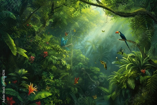 Lush rainforest canopy teeming with exotic wildlife