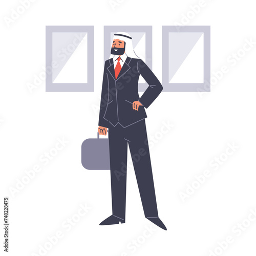 Arabic businessman in headscarf and with briefcase, flat vector isolated.
