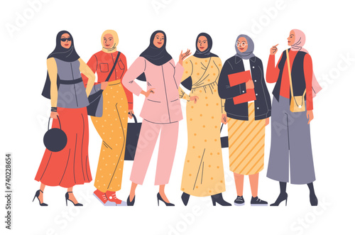 Set of beautiful muslim woman in headscarfs flat style