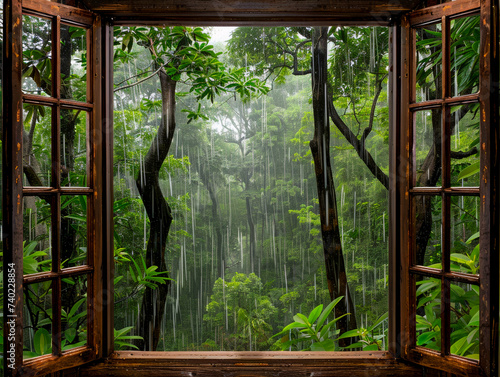 Rainy day scene through a window overlooking a dense forest highlighting the tranquility of nature in rain photo