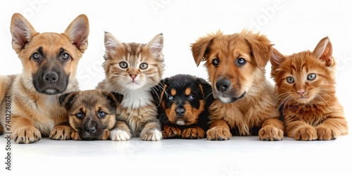 A Charming Lineup of Domestic Feline and Canine Companions Poised in Unity  Generative AI