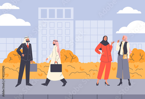 Arabic men in turban and women in hijab on cityscape, vector Muslim business fashion, Islamic people in town street