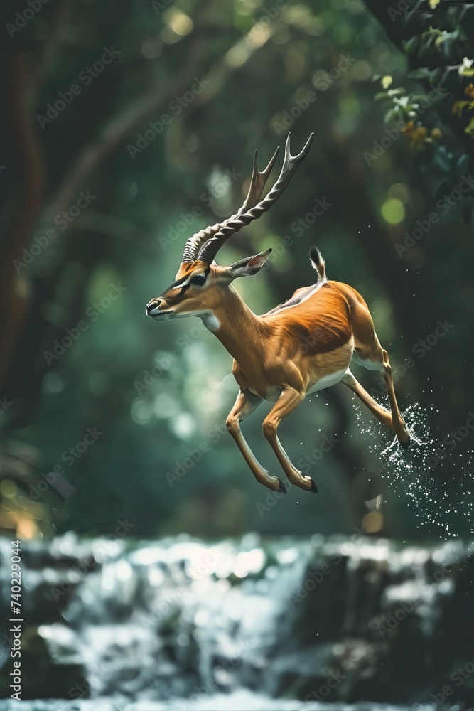 A graceful antelope, known as VetalVit, is seen leaping into a river with trees in the background. The deers powerful jump captures the moment of action as it gracefully navigates the stream