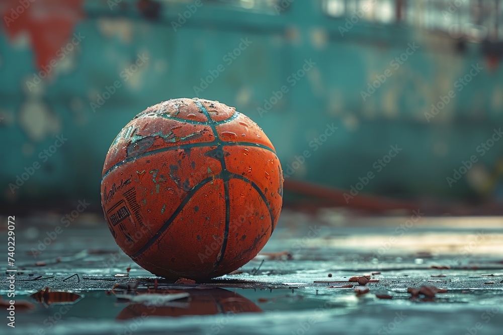 A solitary basketball rests on the damp ground, symbolizing the end of a thrilling outdoor game and the beginning of a peaceful moment A solitary basketball rests on the damp ground, symbolizing the end of a thrilling outdoor game and the beginning of a peaceful moment