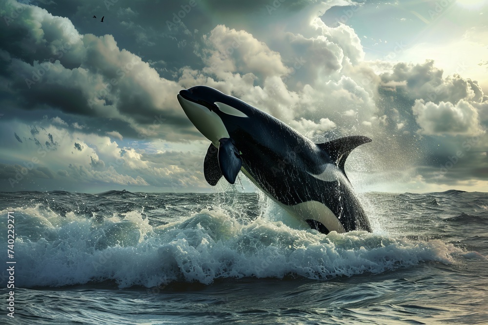 A majestic orca breaching out of the ocean waves, Real photo quality shot on canon camera --ar 3:2 --v 6 Job ID: 14159c80-4a99-459e-848d-d9358eb9a2e7 - obrazy, fototapety, plakaty 