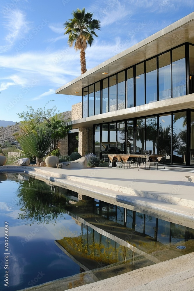 A large, modernist house in the desert with clean lines and expansive windows. In front of the house, there is a sparkling pool reflecting the blue sky and surrounding landscape