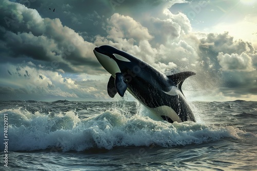 A majestic orca breaching out of the ocean waves, Real photo quality shot on canon camera --ar 3:2 --v 6 Job ID: 14159c80-4a99-459e-848d-d9358eb9a2e7 photo