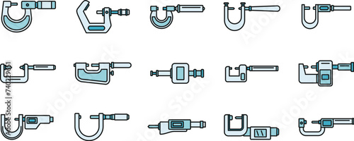 Industrial micrometer icons set outline vector. Engineering equipment. Construction instrument