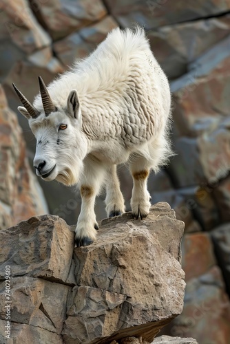 An agile mountain goat scaling rocky cliffs, Real photo quality shot on canon camera --ar 2:3 --v 6 Job ID: ec22eff1-448a-4920-96b9-206aa6787cdd