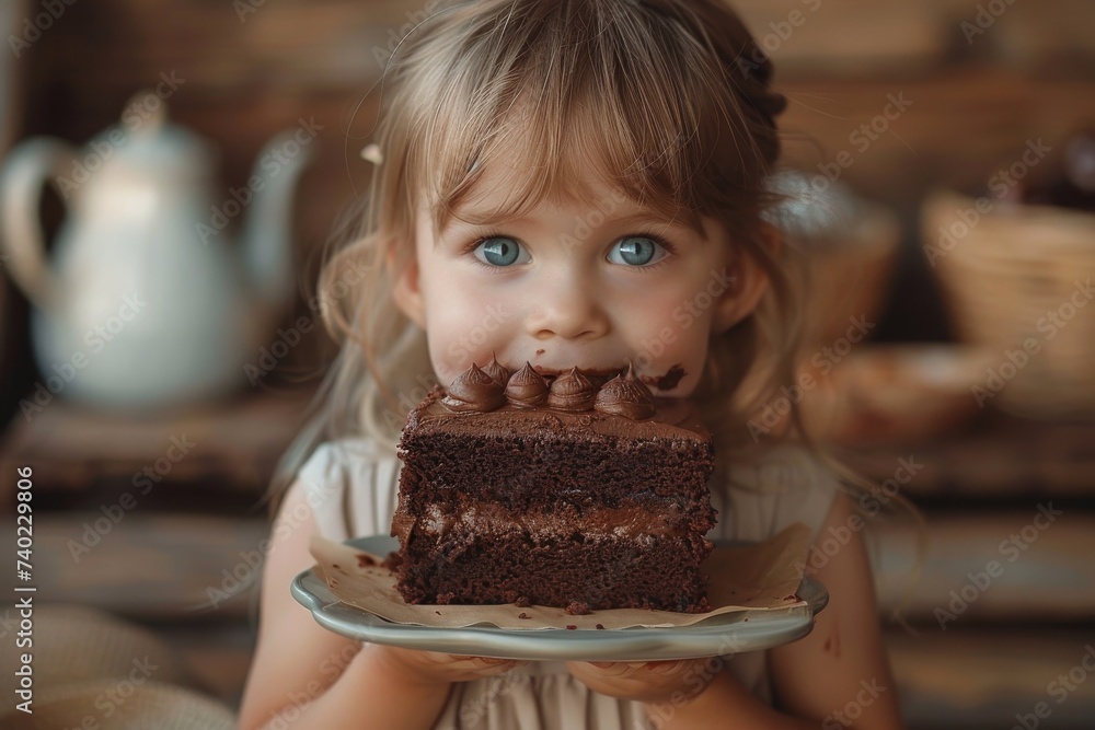 A joyous toddler indulges in a decadent chocolate cake, her face smeared with sweet icing as she celebrates a special birthday surrounded by mouth-watering baked goods A joyous toddler indulges in a decadent chocolate cake, her face smeared with sweet icing as she celebrates a special birthday surrounded by mouth-watering baked goods