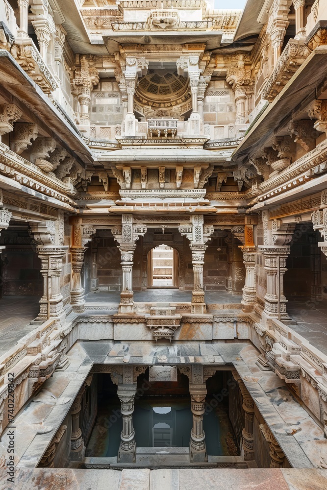 An Indian stepwell with intricate carvings and multiple levels underground, Graphic design style --ar 2:3 --v 6 Job ID: 8e3d0898-81ee-49f2-9b8e-89c909eb86c0