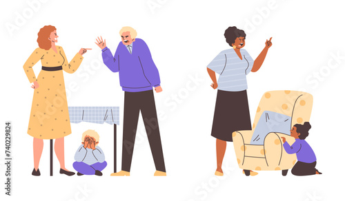 Child hides from parents during a quarrel, flat vector illustration isolated.