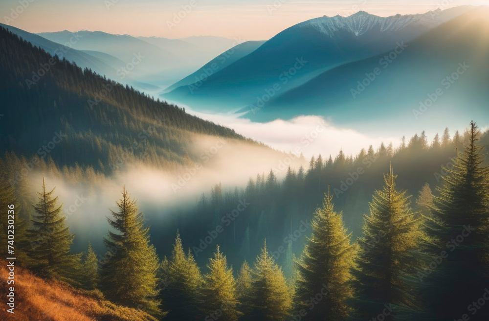 Misty mountain landscape with fir forest, panoramic view of too many mountains. Perfect for banners, background Image, wallpaper, card.
