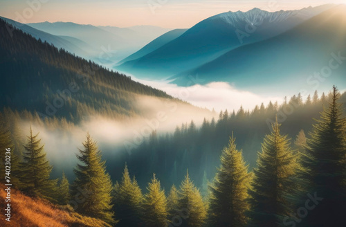 Misty mountain landscape with fir forest, panoramic view of too many mountains. Perfect for banners, background Image, wallpaper, card.
