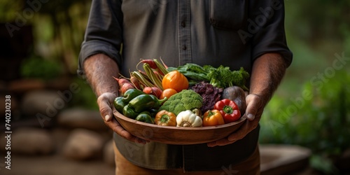 Man Hold A Variety Of Fresh Organic Vegetables In Wooden Bowl. Fresh Local Produce. Homegrown Food. Generative AI