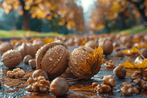 A vibrant gathering of autumn's treasures, as a family of nuts rests upon the tree's surface, a delightful reminder of the season's harvest and the simple joys of the outdoors photo