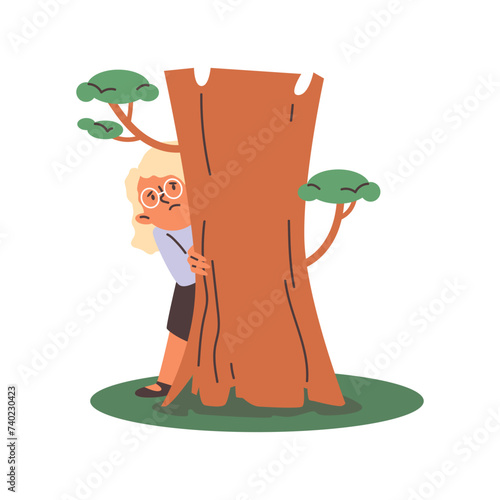 Scared child hiding behind the tree and peeping, vector cartoon fearful girl playing hide and seek outside game activity