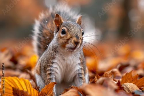 A furry mammal  with a bushy tail and keen eyes  stands amidst a colorful carpet of fallen leaves  embracing the autumn season in all its wild beauty