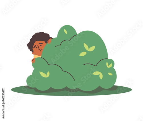 Scared child hiding behind green bush and peeping, vector cartoon boy playing hide and seek outside, kid fear, activity