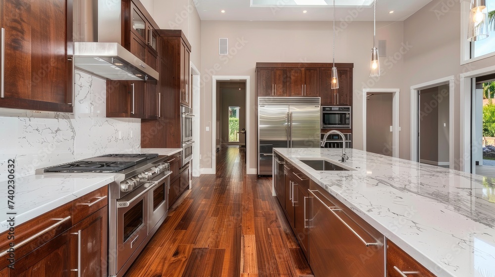 Captivating kitchen in a new luxury home featuring a quartz waterfall, dark wood cabinets, and stainless steel appliances. Captivating kitchen in a new luxury home featuring a quartz waterfall, dark wood cabinets, and stainless steel appliances.