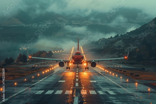 A solitary airplane prepares for its journey, the foggy night sky illuminated by the warm glow of runway lights, a winding road leading to the majestic mountains in the distance