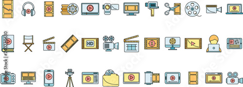 Online video editing icons set outline vector. Video screen player. Play movie