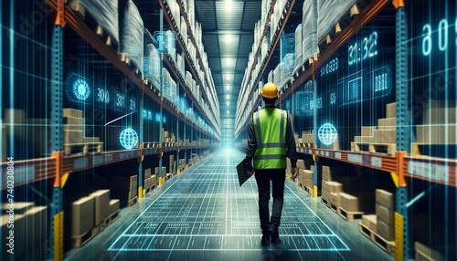 A warehouse employee in safety gear walks down an aisle with futuristic digital inventory management displays, symbolizing modern logistics and supply chain technology.Logistics concept.AI generated.