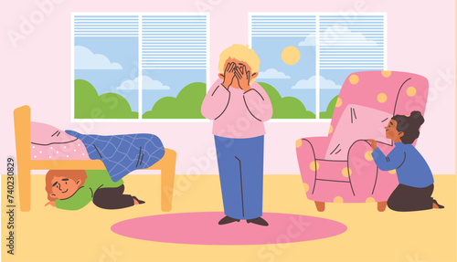 Smiling children hiding behind furniture and peeping in bedroom, vector boys and girl playing hide and seek game in home
