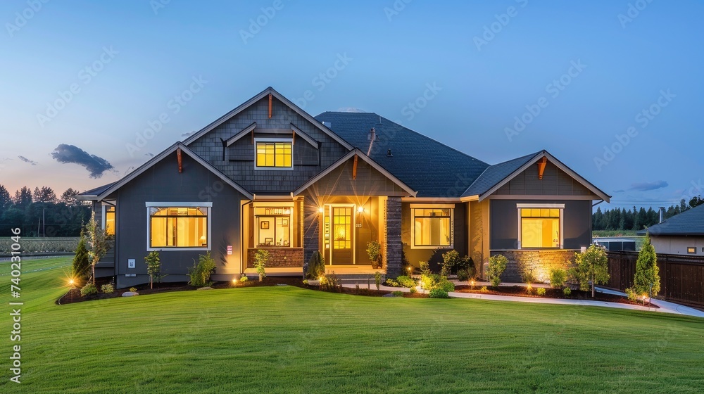 Luxury home outside at night: Beautiful new house with green grass and landscaping at dusk. Luxury home outside at night: Beautiful new house with green grass and landscaping at dusk.