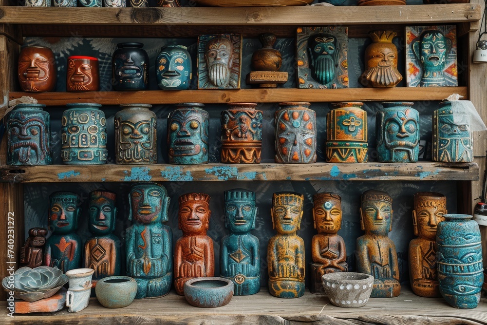 A stunning display of earthenware art adorns a shelf full of intricate pottery, vases, and ceramic ware, adding a touch of elegance and culture to any indoor space A stunning display of earthenware art adorns a shelf full of intricate pottery, vases, and ceramic ware, adding a touch of elegance and culture to any indoor space