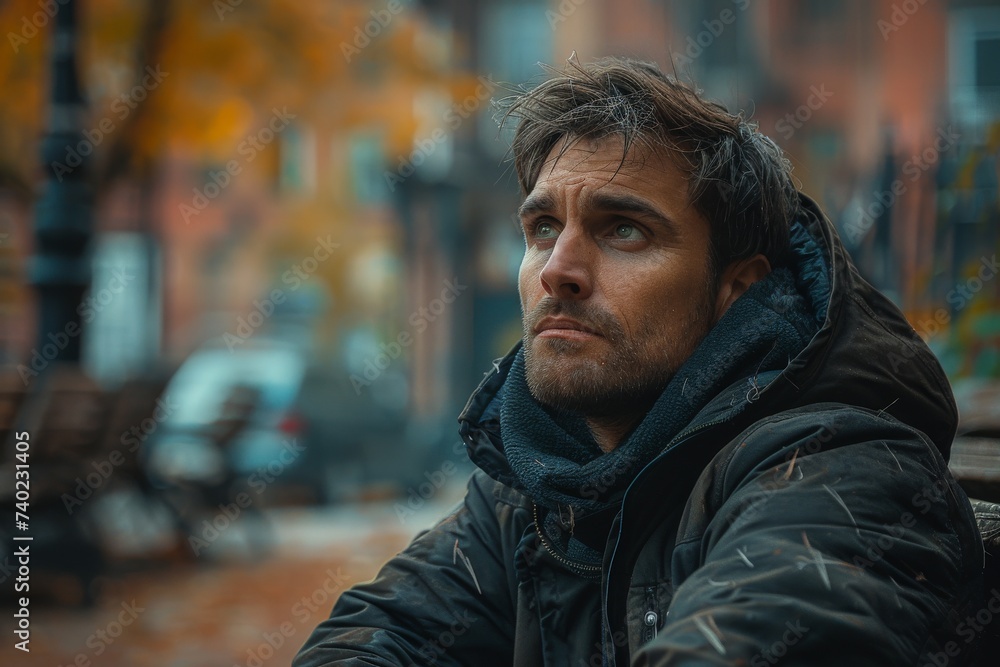 A solitary figure stands amidst the bustling city streets, his rugged beard and weathered jacket a stark contrast to the sleek buildings towering above him, lost in thought as he gazes into the unkno A solitary figure stands amidst the bustling city streets, his rugged beard and weathered jacket a stark contrast to the sleek buildings towering above him, lost in thought as he gazes into the unkno