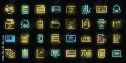Listening playlist icons set outline vector. Music group. Radio album playlist