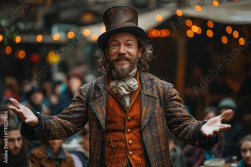 A dapper gentleman exudes confidence and charm as he struts down the street in his top hat and jacket, his smiling face framed by a well-groomed beard and mustache
