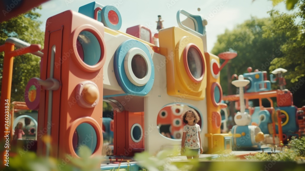 Woman Standing in Front of a Colorful Playground Woman Standing in Front of a Colorful Playground