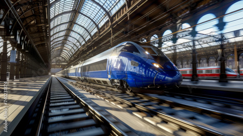 Ultra realistic 4K photo of a modern high speed train centered with a newspaper style structured background summer vibe photo