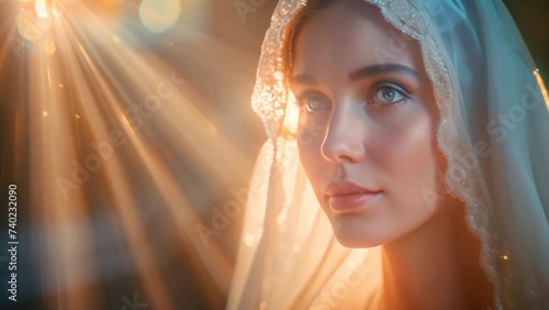Woman in the image of Virgin Mary Mother of Jesus Christ in holy light. Portrait of a young woman in veil in rays of the sun. photo